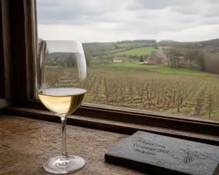 Glass of white wine on a wooden table with a view of Belgian vineyard hills, cloudy sky, and red-brick farmhouse