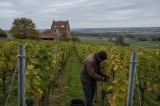 PIWI grapevines on a Belgian hillside in autumn with a red-brick farmhouse and a vigneron working under a grey sky