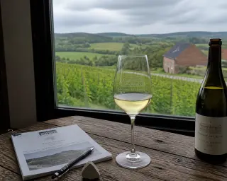 Vigneron taille des vignes Johanniter en hiver sur un coteau belge sous ciel gris, ferme en brique rouge à l’arrière-plan.