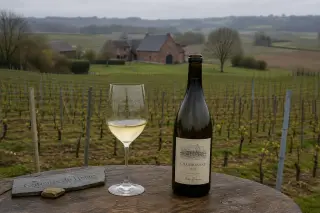Glass of Belgian Chardonnay and artisanal bottle on a table overlooking hillside vineyard with red brick farm and cloudy sky.