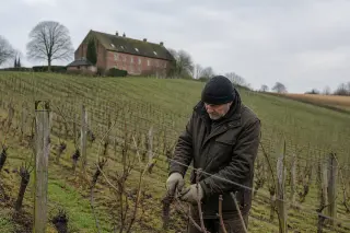 Vigneron pruning vines on a Belgian hillside vineyard in early spring, with a red brick farmhouse and overcast sky in the background